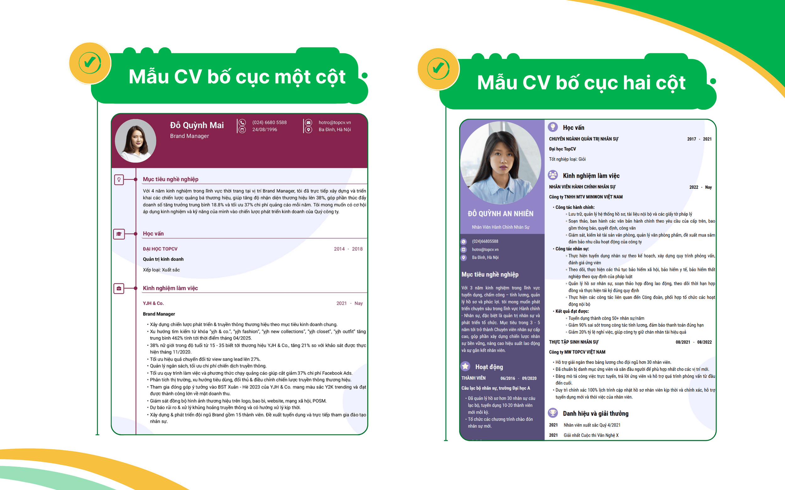 Mẫu CV bố cục một cột và hai cột trên TopCV